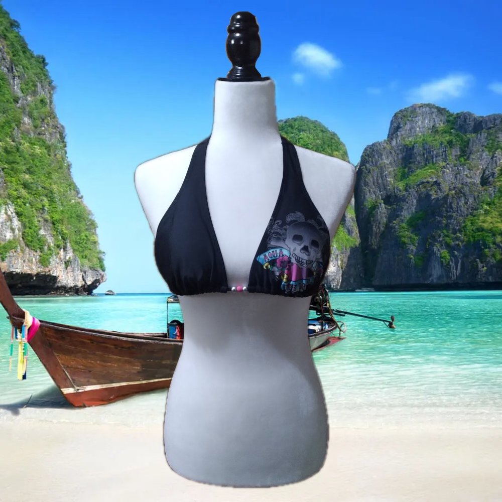 Aqua Funky Gothic Love Skull Bikini Top